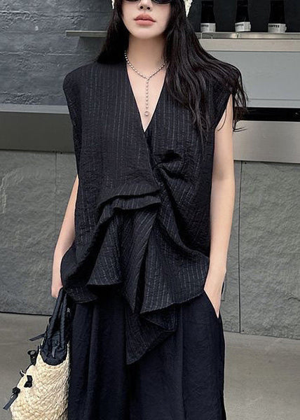 Cotton Sleeveless Asymmetrical Striped Tanks Black French FashionChic