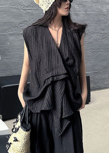 Cotton Sleeveless Asymmetrical Striped Tanks Black French FashionChic