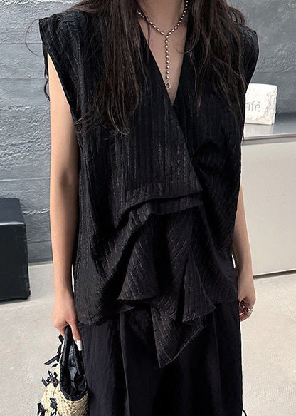 Cotton Sleeveless Asymmetrical Striped Tanks Black French FashionChic