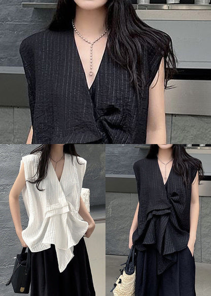 Cotton Sleeveless Asymmetrical Striped Tanks Black French FashionChic