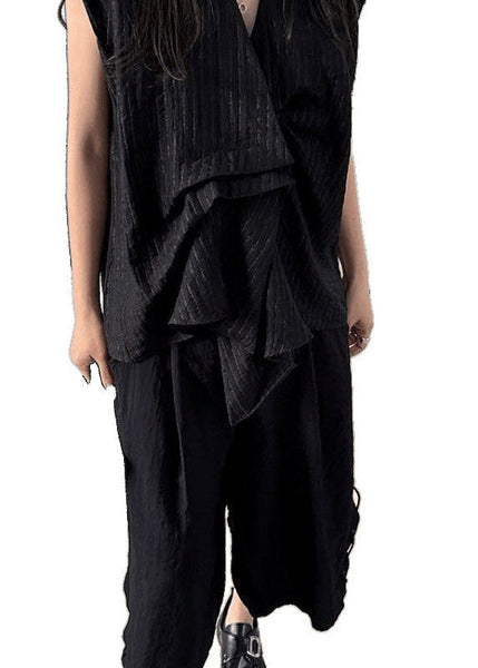 Cotton Sleeveless Asymmetrical Striped Tanks Black French FashionChic