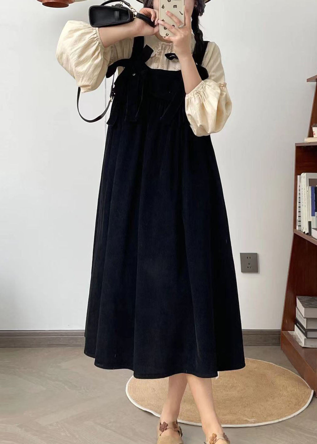 French Black Bow Corduroy Shoulder Strap Dresses Summer FF013 MZF-SDL240607