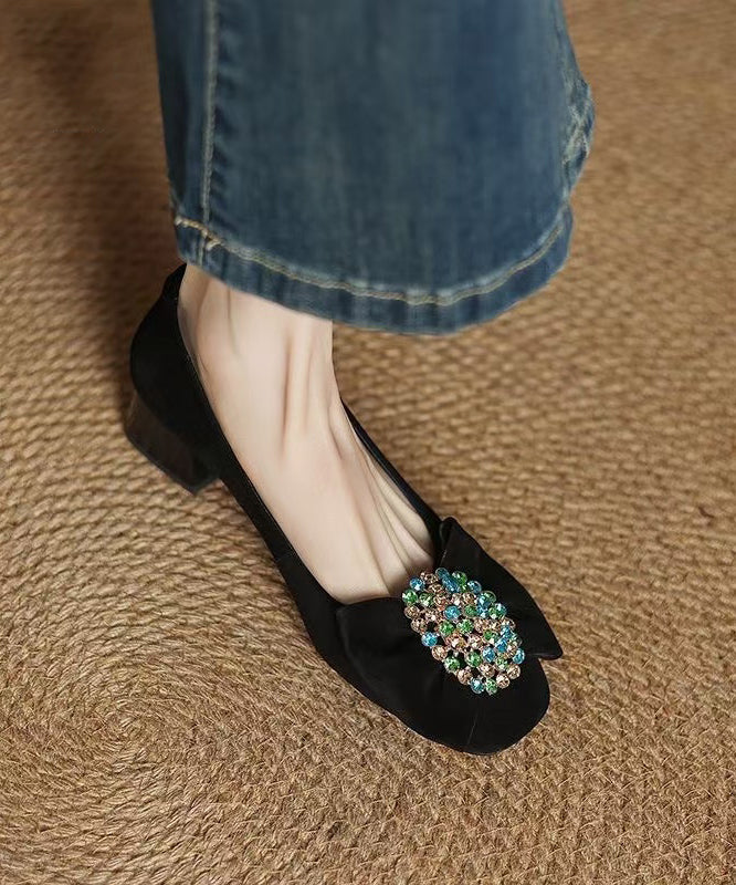 Splicing French Heel Black Bow Chunky Suede Zircon Shoes FashionChic
