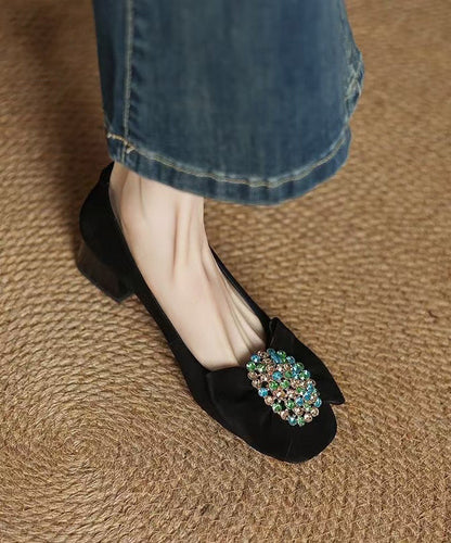 Splicing French Heel Black Bow Chunky Suede Zircon Shoes FashionChic