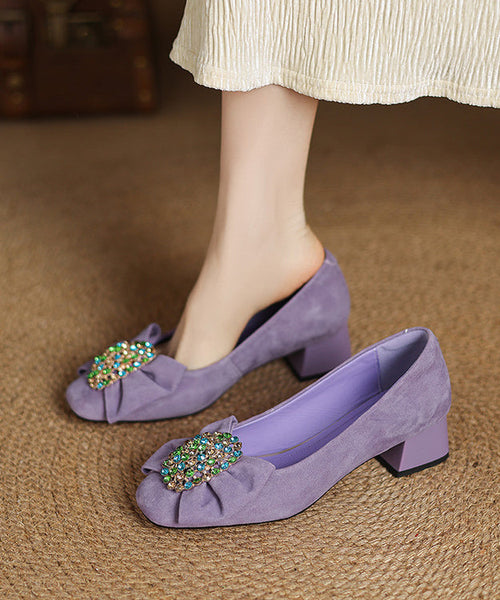 Splicing French Heel Black Bow Chunky Suede Zircon Shoes FashionChic