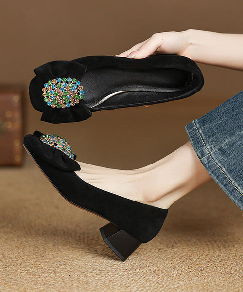 Splicing French Heel Black Bow Chunky Suede Zircon Shoes FashionChic