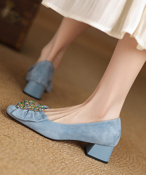 Splicing French Heel Black Bow Chunky Suede Zircon Shoes FashionChic