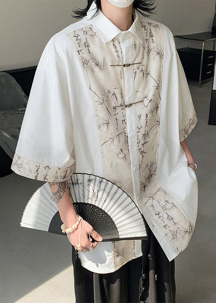 French Black Button Print Patchwork Cotton Men Shirt Summer YT080 Men-Silk-MENSTP240721