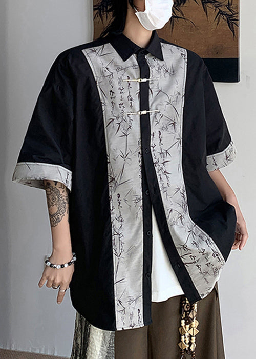 French Black Button Print Patchwork Cotton Men Shirt Summer YT080 Men-Silk-MENSTP240721