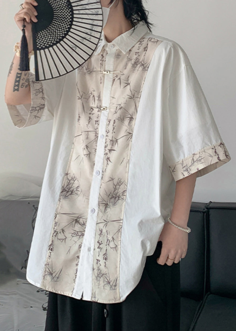 French Black Button Print Patchwork Cotton Men Shirt Summer YT080 Men-Silk-MENSTP240721