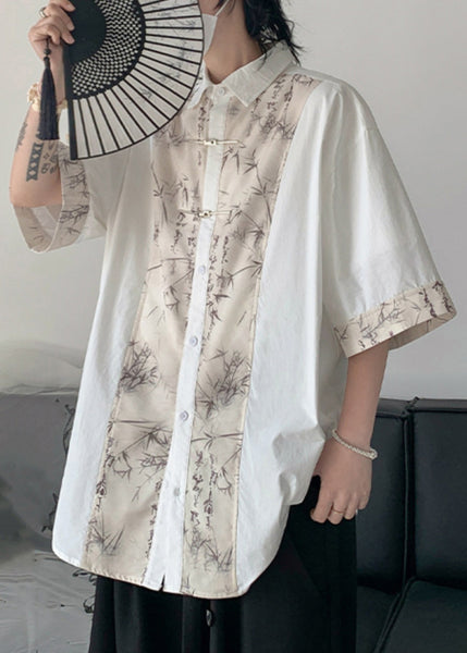 French Black Button Print Patchwork Cotton Men Shirt Summer YT080 Men-Silk-MENSTP240721