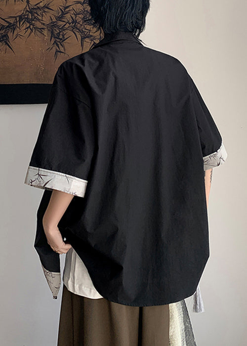 French Black Button Print Patchwork Cotton Men Shirt Summer YT080 Men-Silk-MENSTP240721