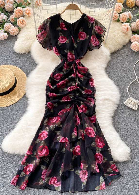 French Black Cinched Print Chiffon Long Dresses Summer TR024 ZS-SDL240730