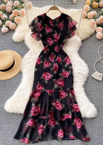 French Black Cinched Print Chiffon Long Dresses Summer TR024 ZS-SDL240730