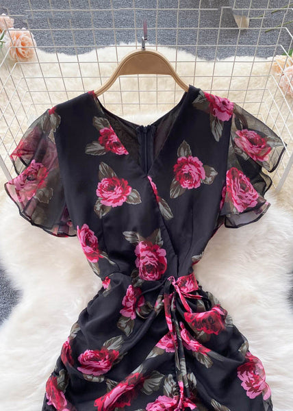 French Black Cinched Print Chiffon Long Dresses Summer TR024 ZS-SDL240730