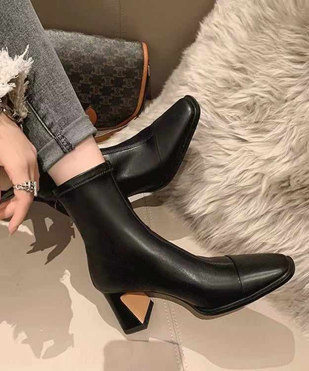 French Black Cowhide Leather Splicing Chunky Heels Boots DD1016 Shoe-XZ240605