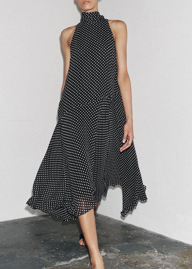 Sleeveless French Black Dot Long Chiffon Dress Print FashionChic