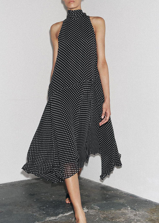 Sleeveless French Black Dot Long Chiffon Dress Print FashionChic