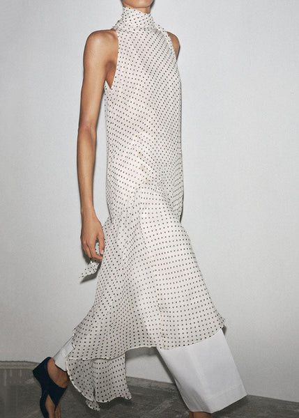 Sleeveless French Black Dot Long Chiffon Dress Print FashionChic