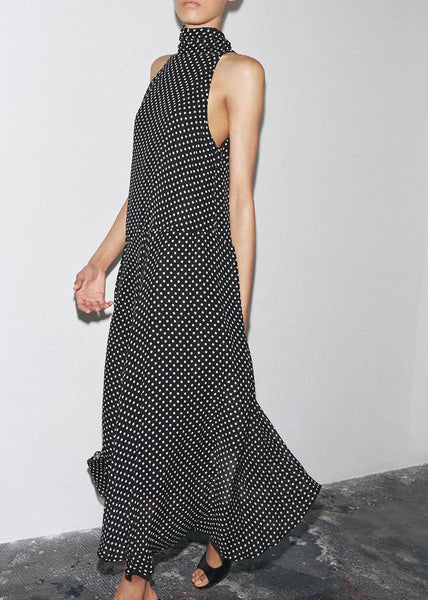 Sleeveless French Black Dot Long Chiffon Dress Print FashionChic