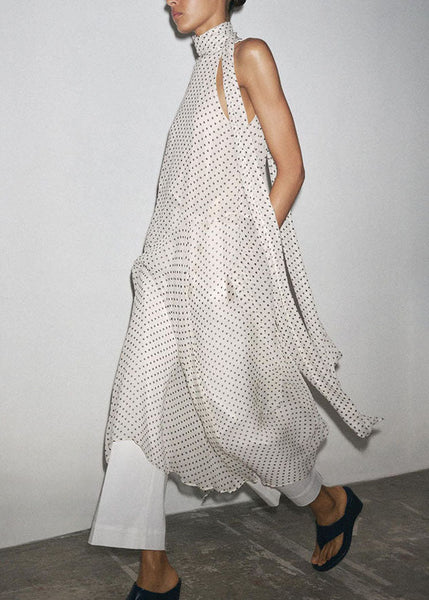 Sleeveless French Black Dot Long Chiffon Dress Print FashionChic