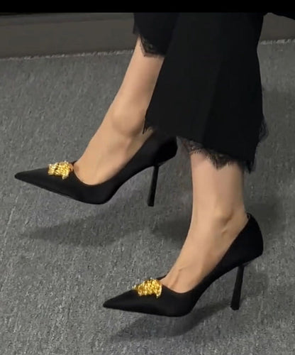 Splicing Heels Pointed Toe French Leather Black High Faux FashionChic