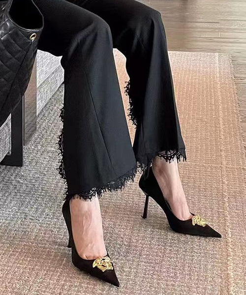 Pointed Splicing Toe French Heels Leather Black High Faux FashionChic