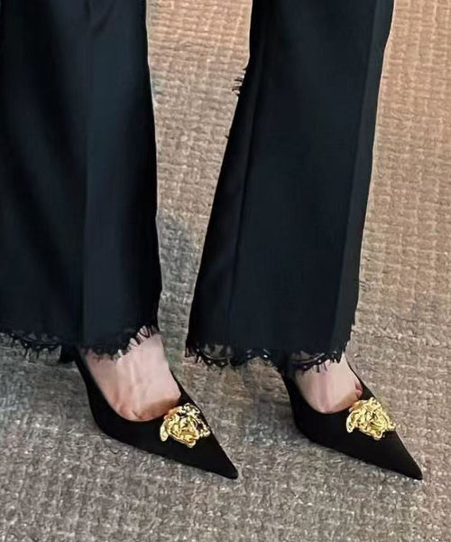 Pointed Splicing Toe French Heels Leather Black High Faux FashionChic