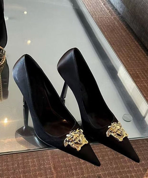 Splicing Heels Pointed Toe French Leather Black High Faux FashionChic