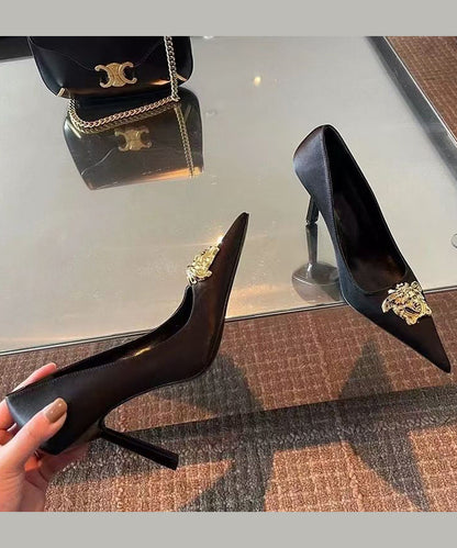 Pointed Splicing Toe French Heels Leather Black High Faux FashionChic