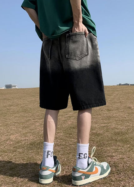 Color Print Waist Black Denim Elastic Gradient Pockets French FashionChic