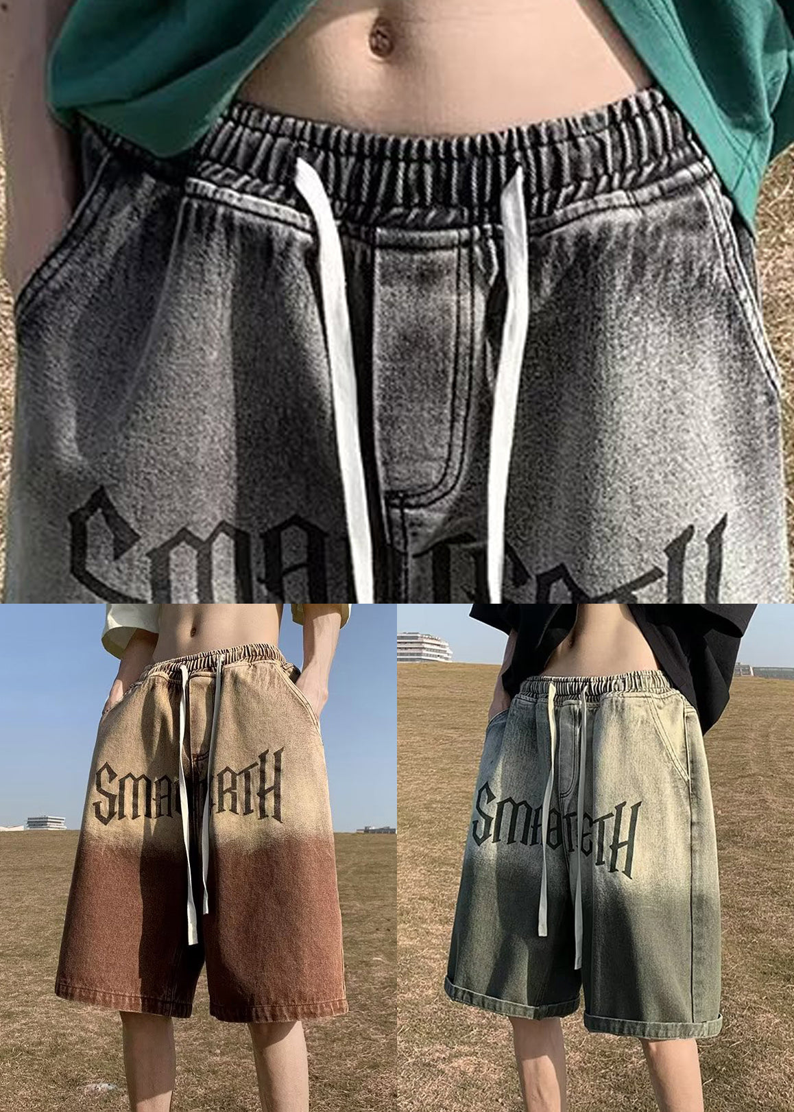 Color Print Waist Black Denim Elastic Gradient Pockets French FashionChic