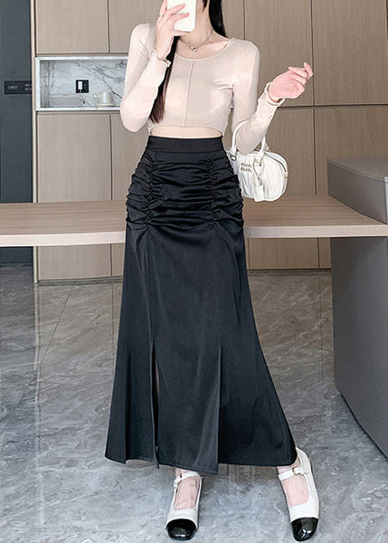 French Black High Waist Wrinkled Slim Fit Silk Skirts Spring QQ1021 Ada Fashion