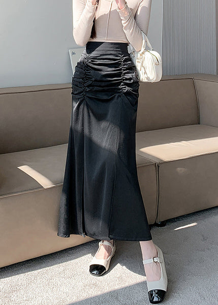 French Black High Waist Wrinkled Slim Fit Silk Skirts Spring QQ1021 Ada Fashion