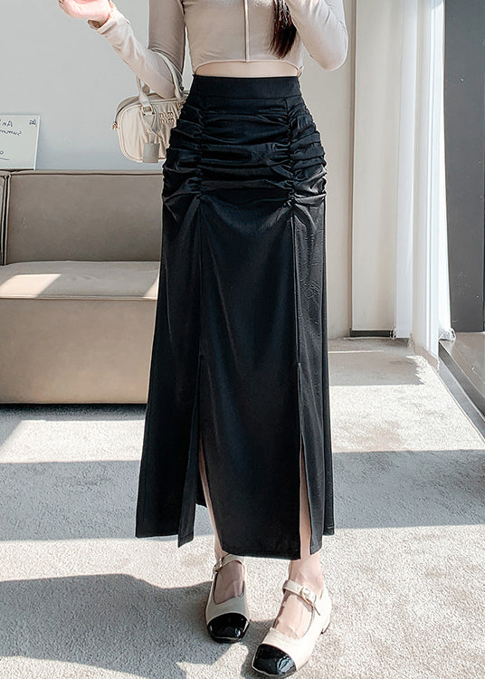 French Black High Waist Wrinkled Slim Fit Silk Skirts Spring QQ1021 Ada Fashion