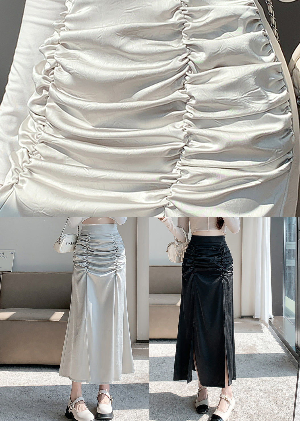 French Black High Waist Wrinkled Slim Fit Silk Skirts Spring QQ1021 Ada Fashion