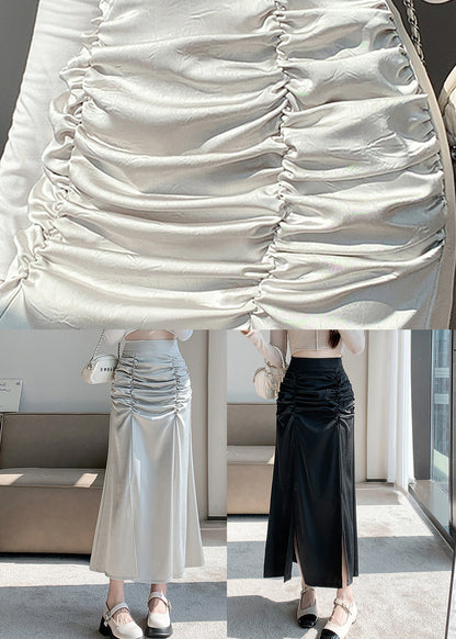 French Black High Waist Wrinkled Slim Fit Silk Skirts Spring QQ1021 Ada Fashion