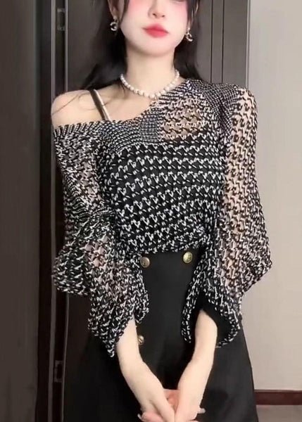 Knit Thin Sweater Black Batwing Out French Hollow Sleeve FashionChic