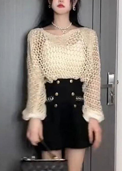 Knit Thin Sweater Black Batwing Out French Hollow Sleeve FashionChic