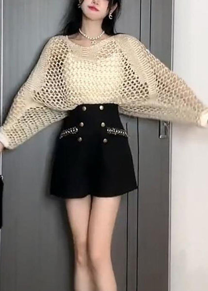 Knit Thin Sweater Black Batwing Out French Hollow Sleeve FashionChic