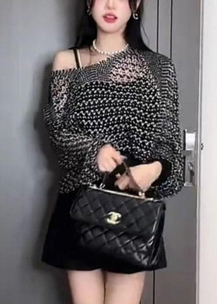 Knit Thin Sweater Black Batwing Out French Hollow Sleeve FashionChic