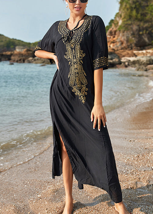 French Black Lace Up Side Open Cotton Long Dresses Summer AA1052 Ada Fashion