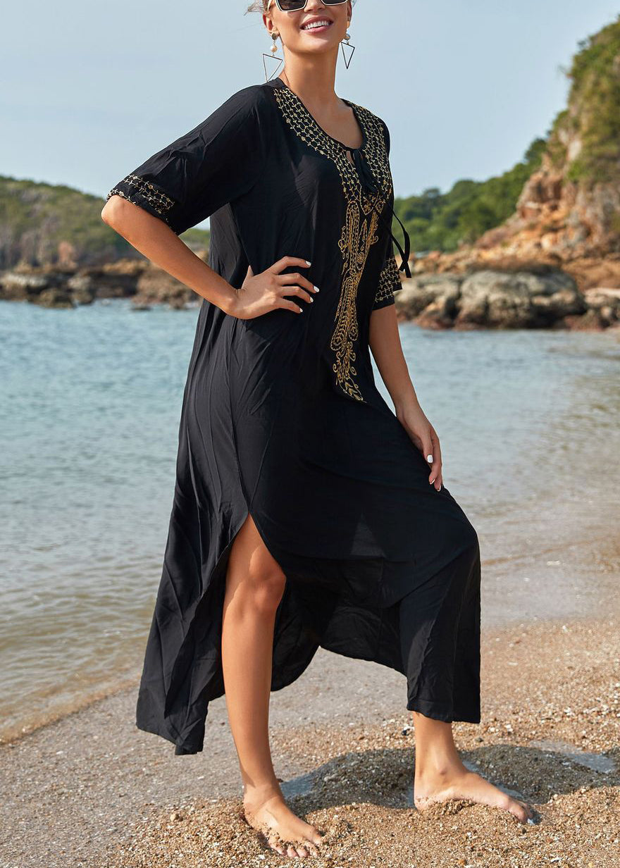 French Black Lace Up Side Open Cotton Long Dresses Summer AA1052 Ada Fashion
