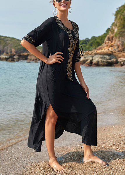 French Black Lace Up Side Open Cotton Long Dresses Summer AA1052 Ada Fashion