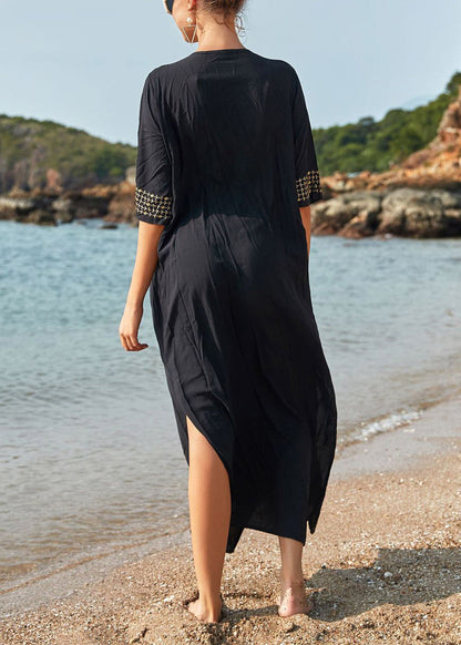 French Black Lace Up Side Open Cotton Long Dresses Summer AA1052 Ada Fashion