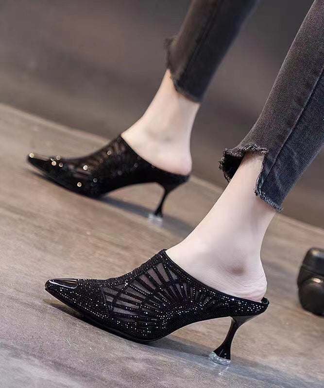 French Black Mesh Pointed Toe Zircon High Heels Slide Sandals CZ1048 Ada Fashion