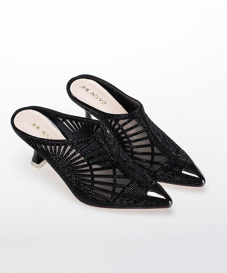 French Black Mesh Pointed Toe Zircon High Heels Slide Sandals CZ1048 Ada Fashion