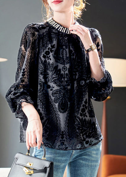 French Black Nail Bead Silk Velour Top Long Sleeve Ada Fashion