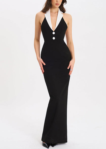 Backless Open Black Long French Notched Dresses Side Cotton FashionChic