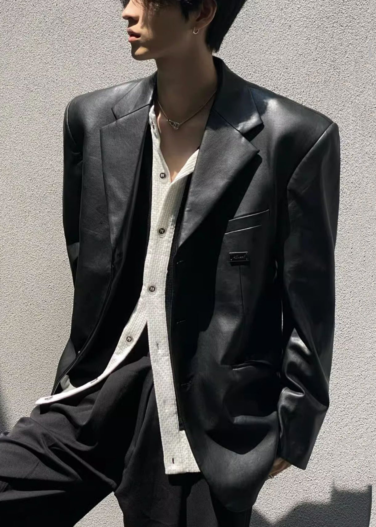 French Black Notched Button Faux Leather Mens Coat Spring RN033 ABC